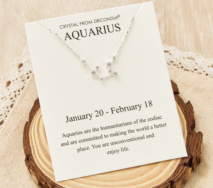 Aquarius Star Sign Zodiac Constellation Necklace and Quote Card with Zircondia® Crystals