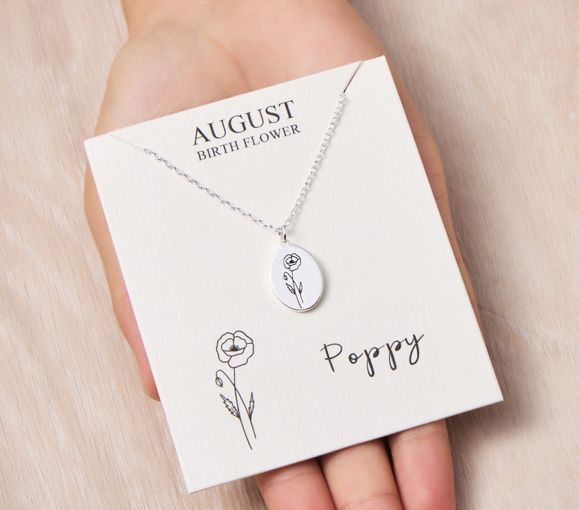 August Birth Flower Poppy Necklace with Card