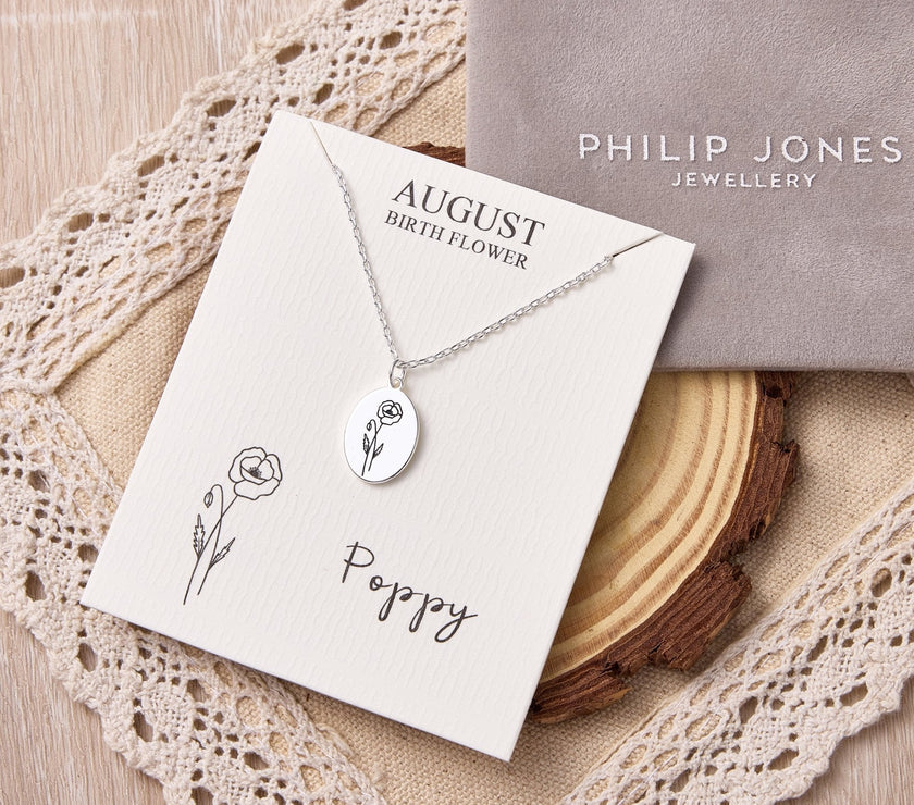 August Birth Flower Poppy Necklace with Card
