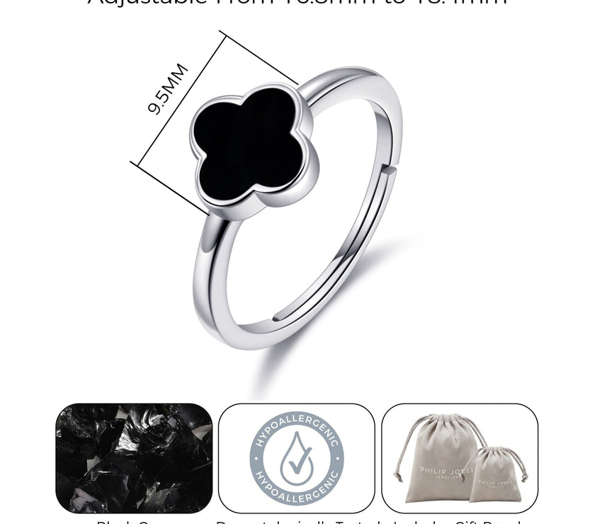 Black Onyx Gemstone Adjustable Clover Ring