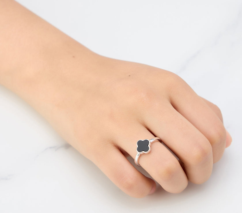Black Onyx Gemstone Adjustable Clover Ring