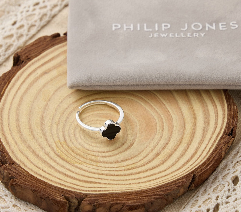 Black Onyx Gemstone Adjustable Clover Ring