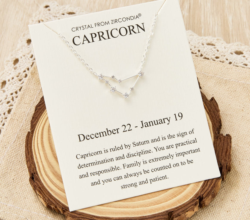 Capricorn Star Sign Zodiac Constellation Necklace and Quote Card with Zircondia® Crystals