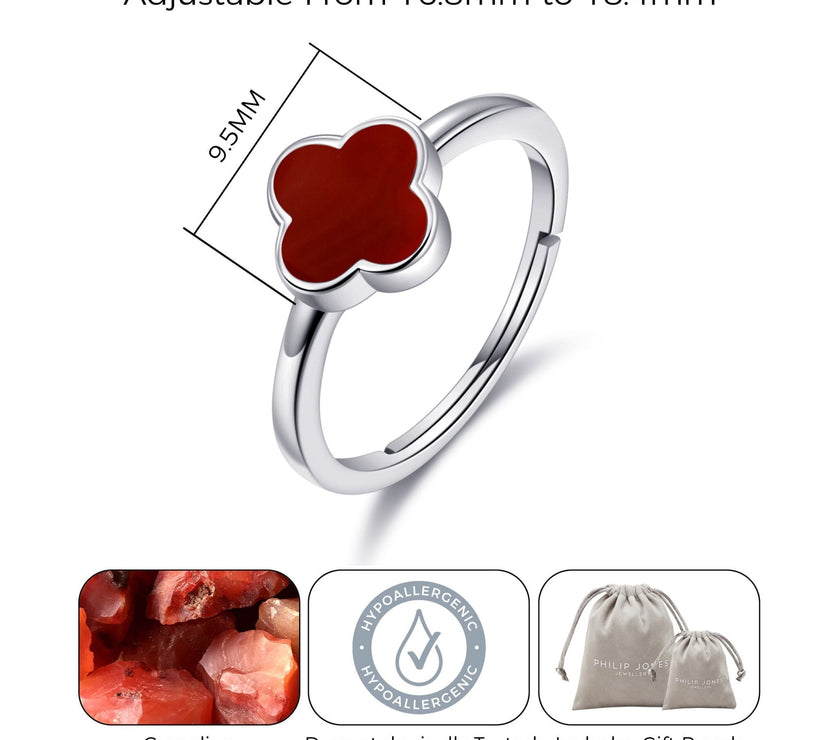 Carnelian Gemstone Adjustable Clover Ring