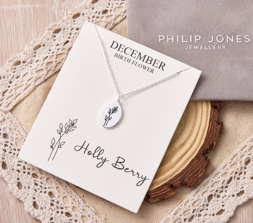 December Birth Flower Holly Berry Necklace with Card