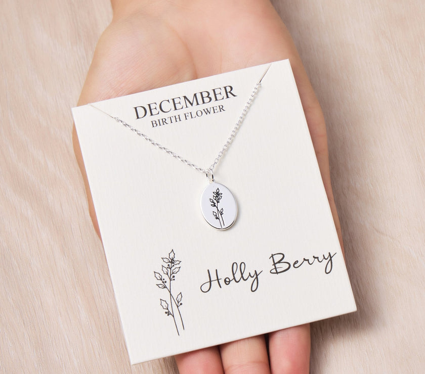 December Birth Flower Holly Berry Necklace with Card