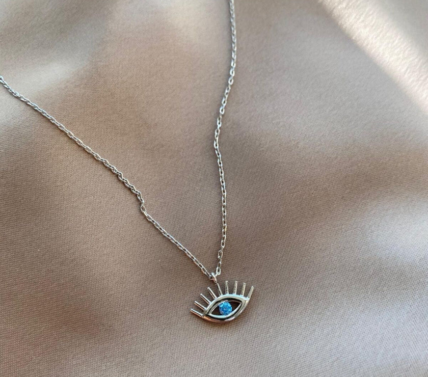 Aqua Blue Eye Evil Eye Sterling Silver Necklace