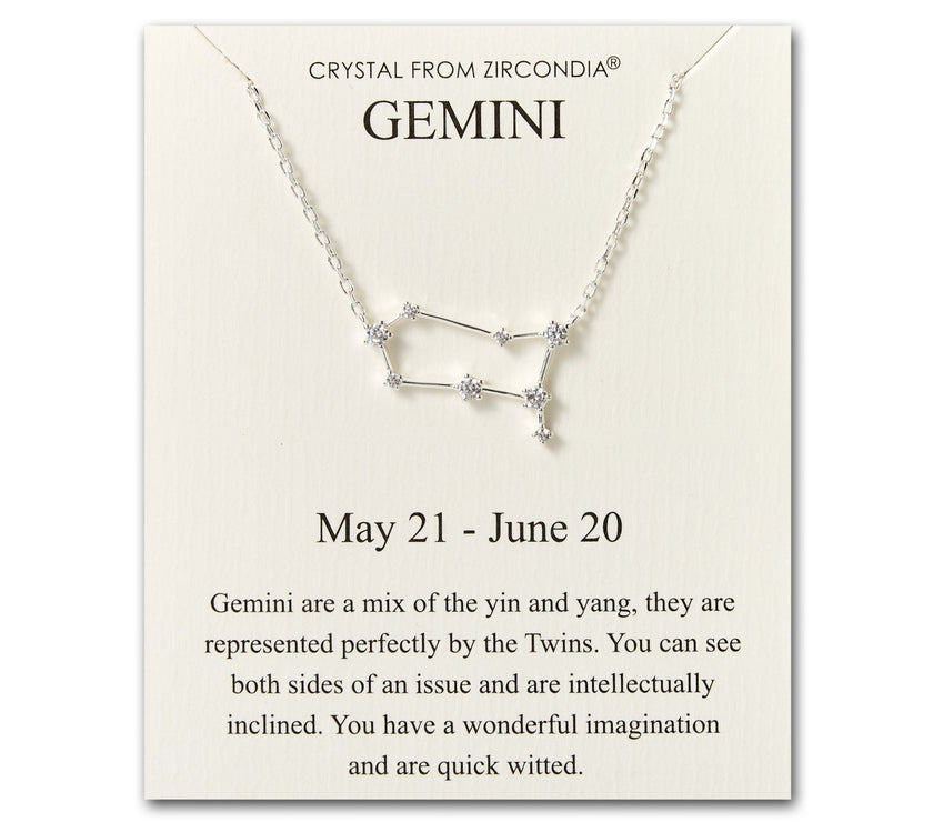 Gemini Star Sign Zodiac Constellation Necklace and Quote Card with Zircondia® Crystals