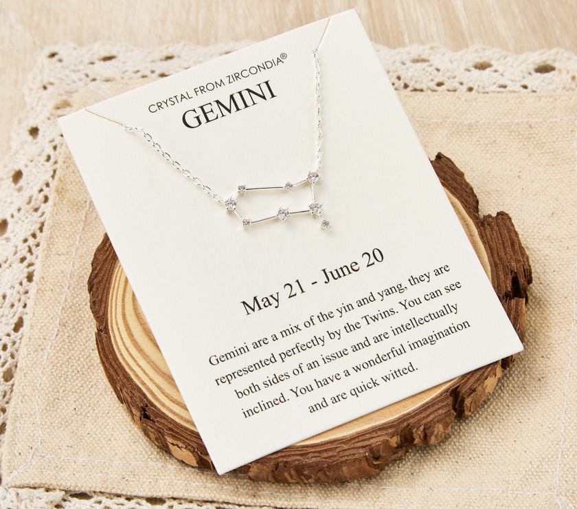 Gemini Star Sign Zodiac Constellation Necklace and Quote Card with Zircondia® Crystals