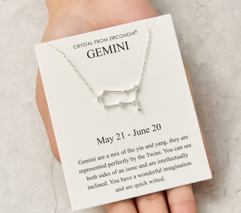 Gemini Star Sign Zodiac Constellation Necklace and Quote Card with Zircondia® Crystals