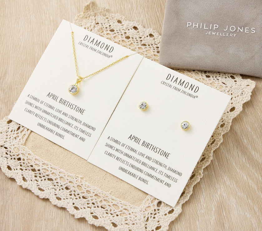 Gold Plated April (Diamond) Birthstone Necklace & Earrings Set Created with Zircondia® Crystals