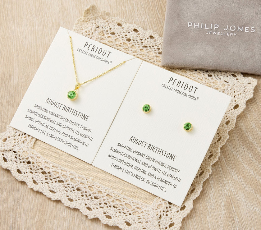 Gold Plated August (Peridot) Birthstone Necklace & Earrings Set Created with Zircondia® Crystals