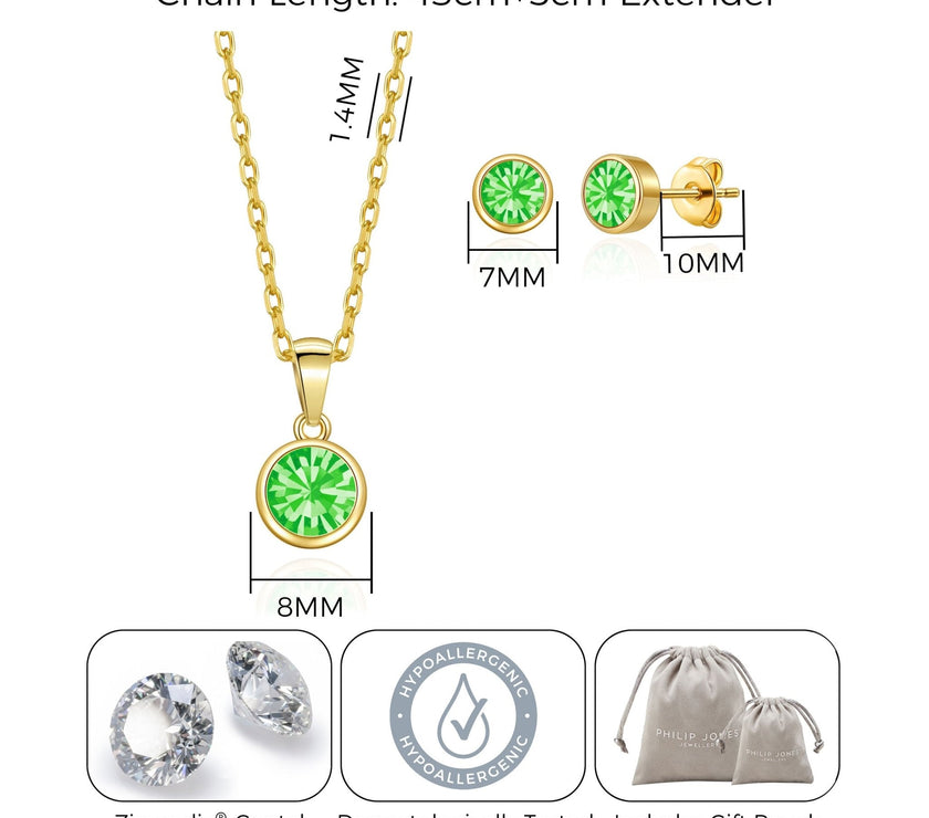 Gold Plated August (Peridot) Birthstone Necklace & Earrings Set Created with Zircondia® Crystals