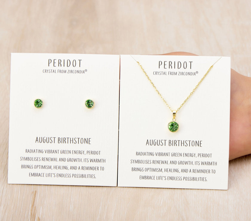 Gold Plated August (Peridot) Birthstone Necklace & Earrings Set Created with Zircondia® Crystals