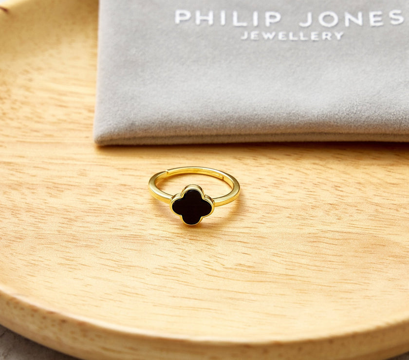 Gold Plated Black Onyx Gemstone Adjustable Clover Ring