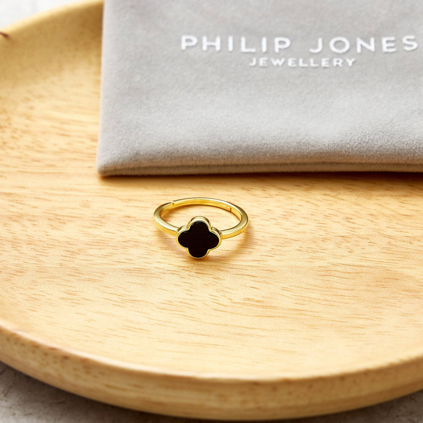 Gold Plated Black Onyx Gemstone Adjustable Clover Ring
