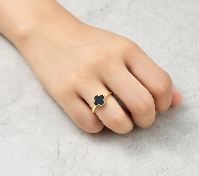 Gold Plated Black Onyx Gemstone Adjustable Clover Ring