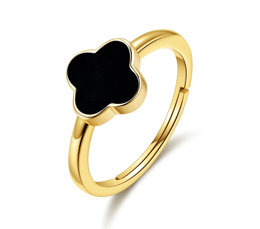 Gold Plated Black Onyx Gemstone Adjustable Clover Ring