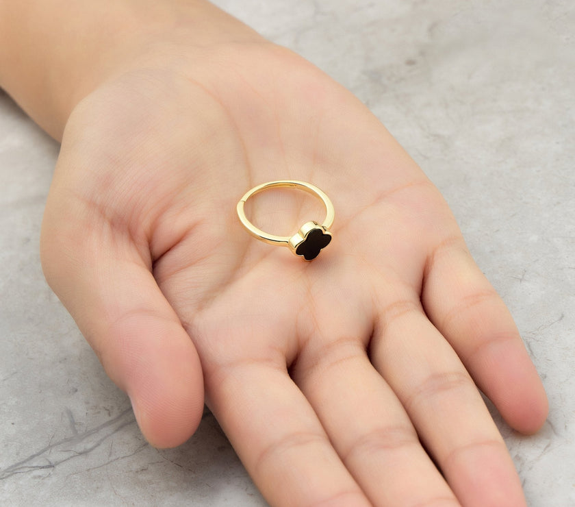 Gold Plated Black Onyx Gemstone Adjustable Clover Ring