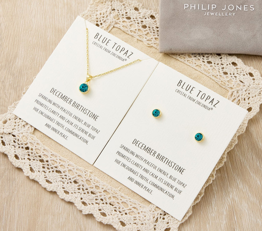 Gold Plated December (Blue Topaz) Birthstone Necklace & Earrings Set Created with Zircondia® Crystals