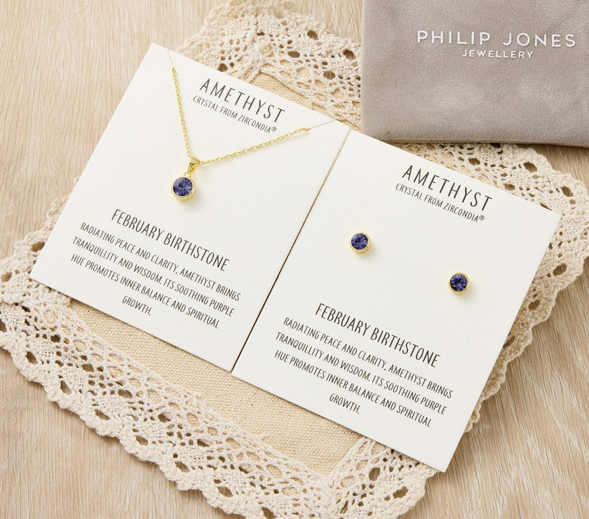 Gold Plated February (Amethyst) Birthstone Necklace & Earrings Set Created with Zircondia® Crystals