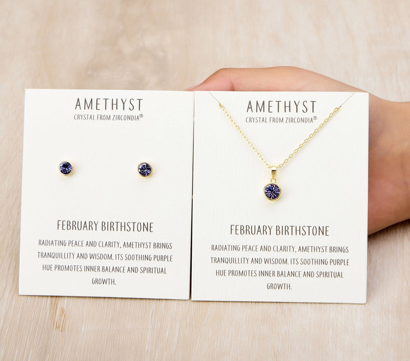 Gold Plated February (Amethyst) Birthstone Necklace & Earrings Set Created with Zircondia® Crystals