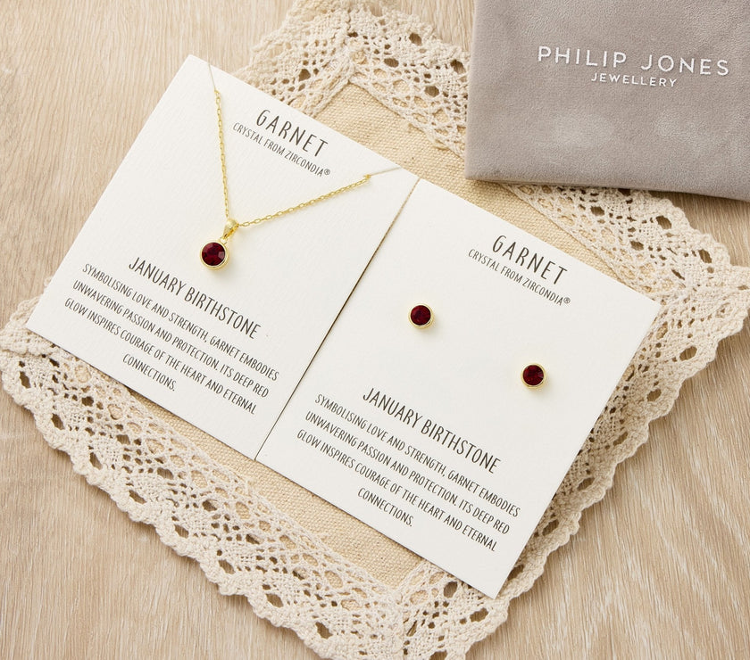 Gold Plated January (Garnet) Birthstone Necklace & Earrings Set Created with Zircondia® Crystals