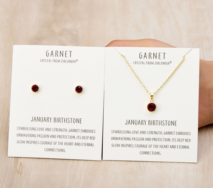 Gold Plated January (Garnet) Birthstone Necklace & Earrings Set Created with Zircondia® Crystals