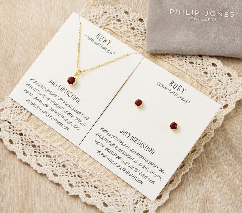 Gold Plated July (Ruby) Birthstone Necklace & Earrings Set Created with Zircondia® Crystals