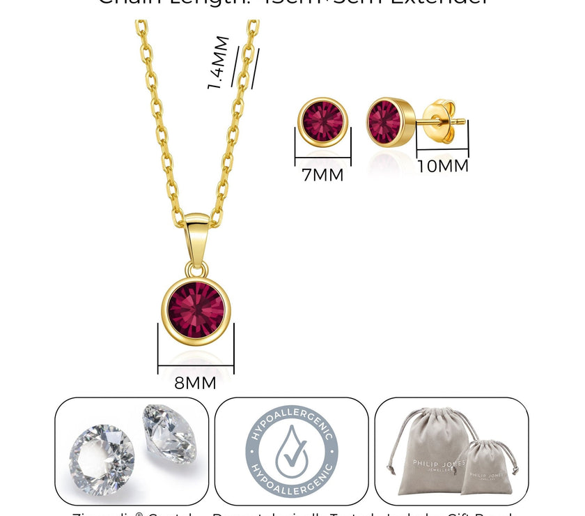 Gold Plated July (Ruby) Birthstone Necklace & Earrings Set Created with Zircondia® Crystals