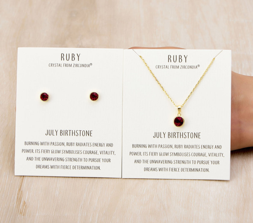 Gold Plated July (Ruby) Birthstone Necklace & Earrings Set Created with Zircondia® Crystals