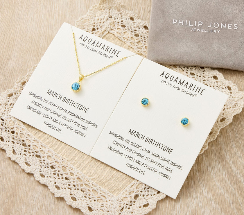 Gold Plated March (Aquamarine) Birthstone Necklace & Earrings Set Created with Zircondia® Crystals