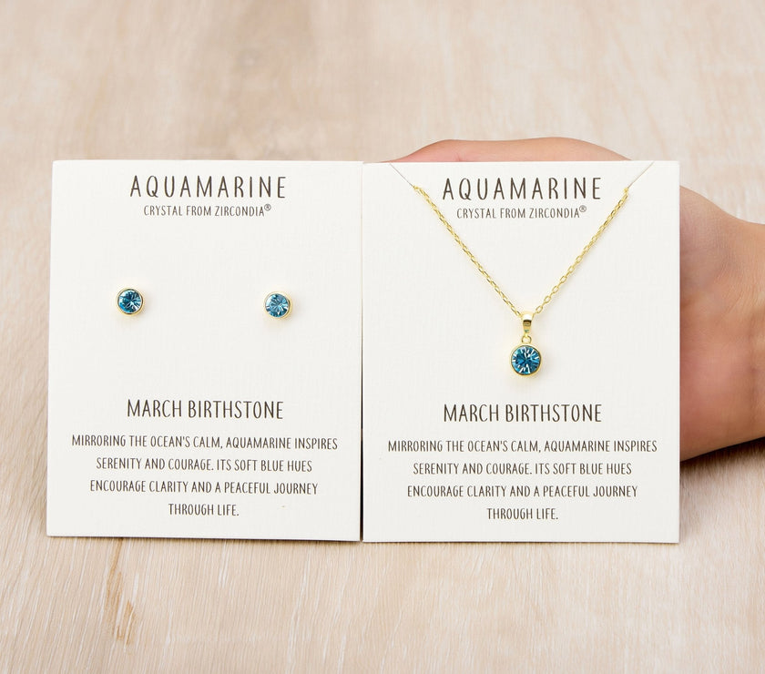Gold Plated March (Aquamarine) Birthstone Necklace & Earrings Set Created with Zircondia® Crystals