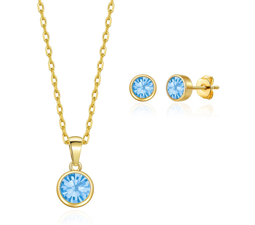 Gold Plated March (Aquamarine) Birthstone Necklace & Earrings Set Created with Zircondia® Crystals