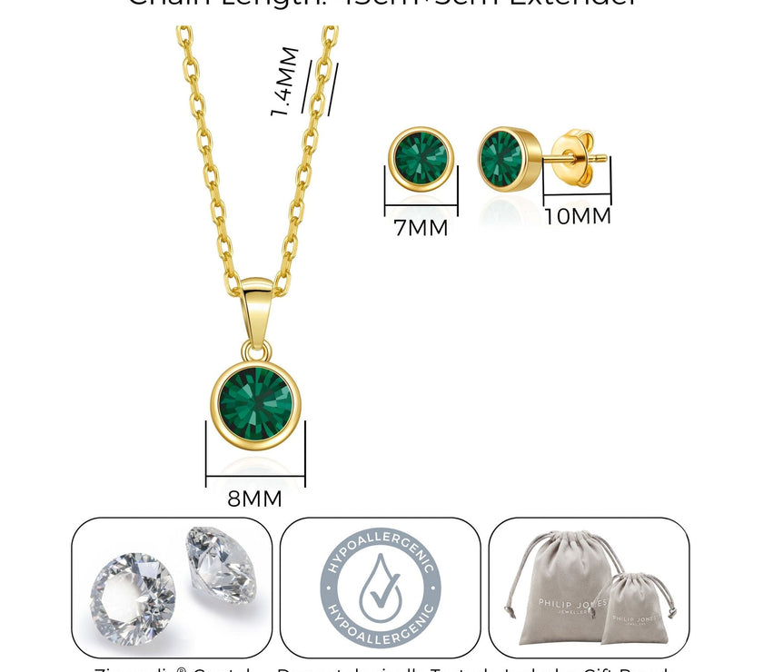 Gold Plated May (Emerald) Birthstone Necklace & Earrings Set Created with Zircondia® Crystals