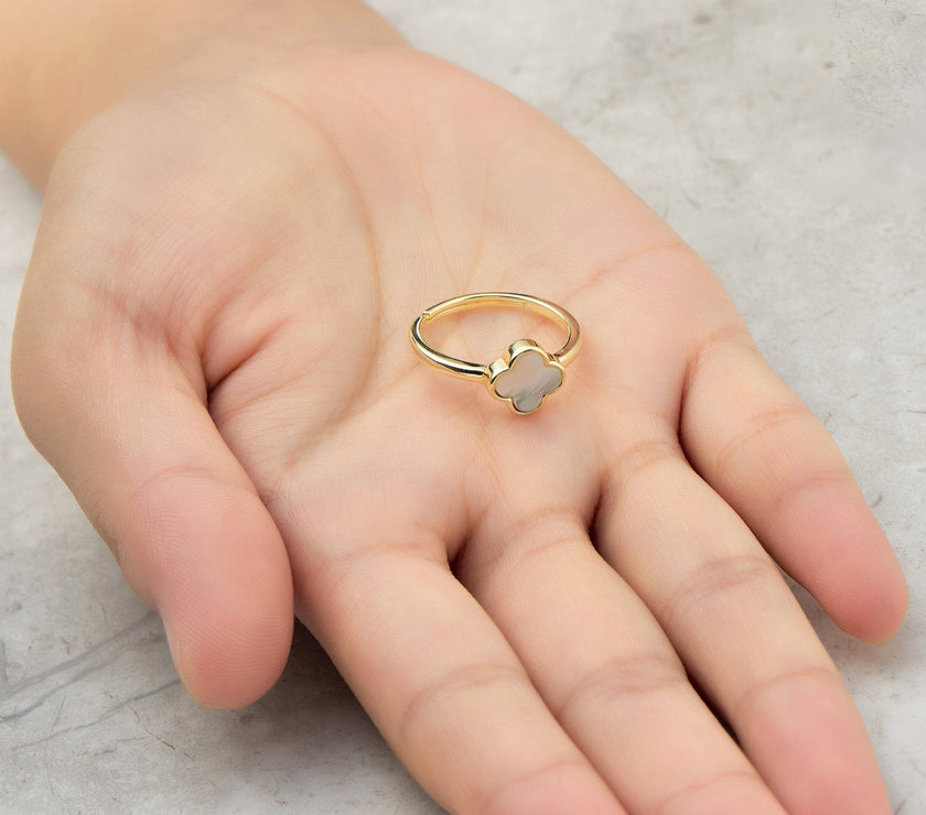 Gold Plated Mother of Pearl Gemstone Adjustable Clover Ring