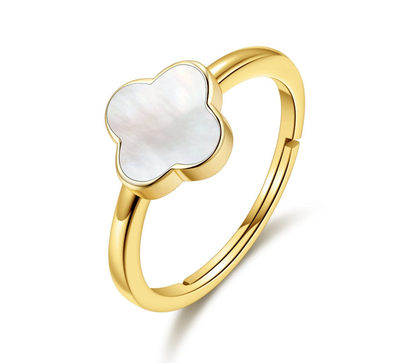 Gold Plated Mother of Pearl Gemstone Adjustable Clover Ring
