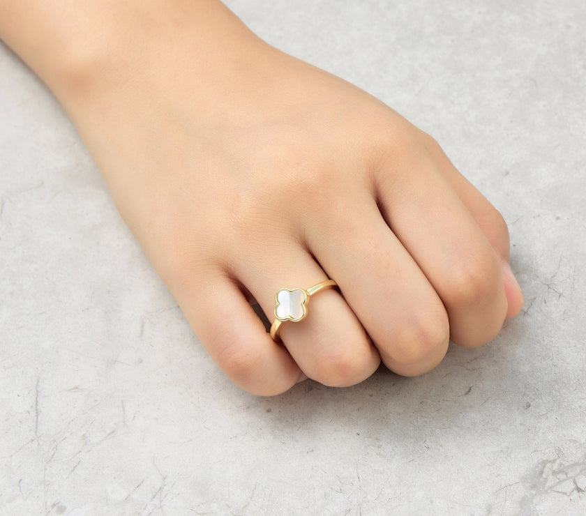 Gold Plated Mother of Pearl Gemstone Adjustable Clover Ring