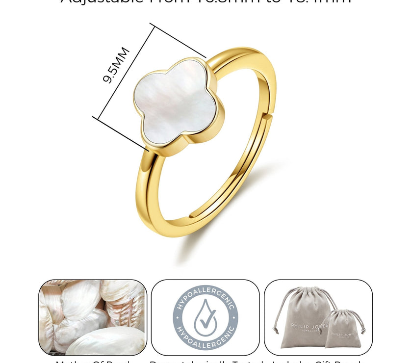 Gold Plated Mother of Pearl Gemstone Adjustable Clover Ring