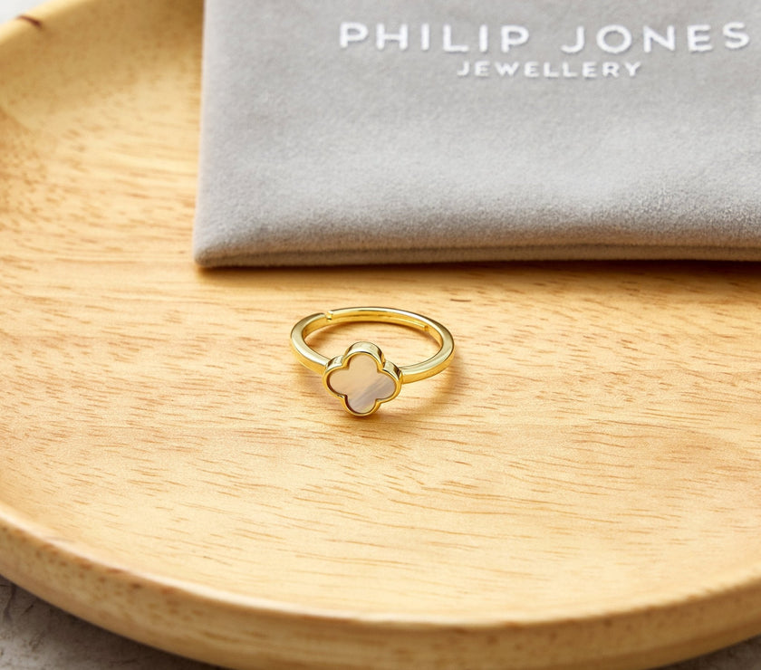 Gold Plated Mother of Pearl Gemstone Adjustable Clover Ring