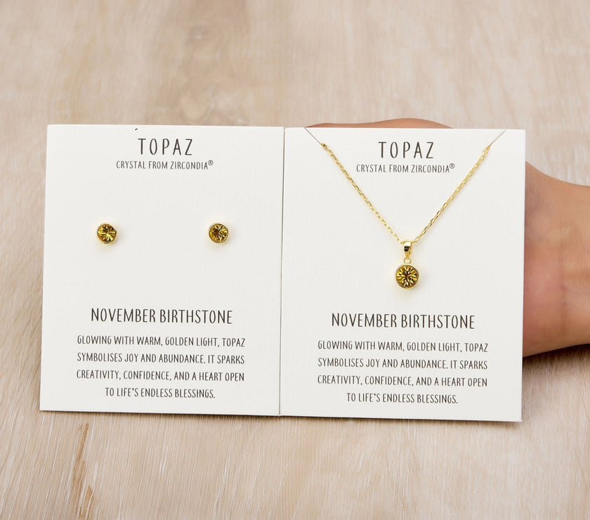 Gold Plated November (Topaz) Birthstone Necklace & Earrings Set Created with Zircondia® Crystals