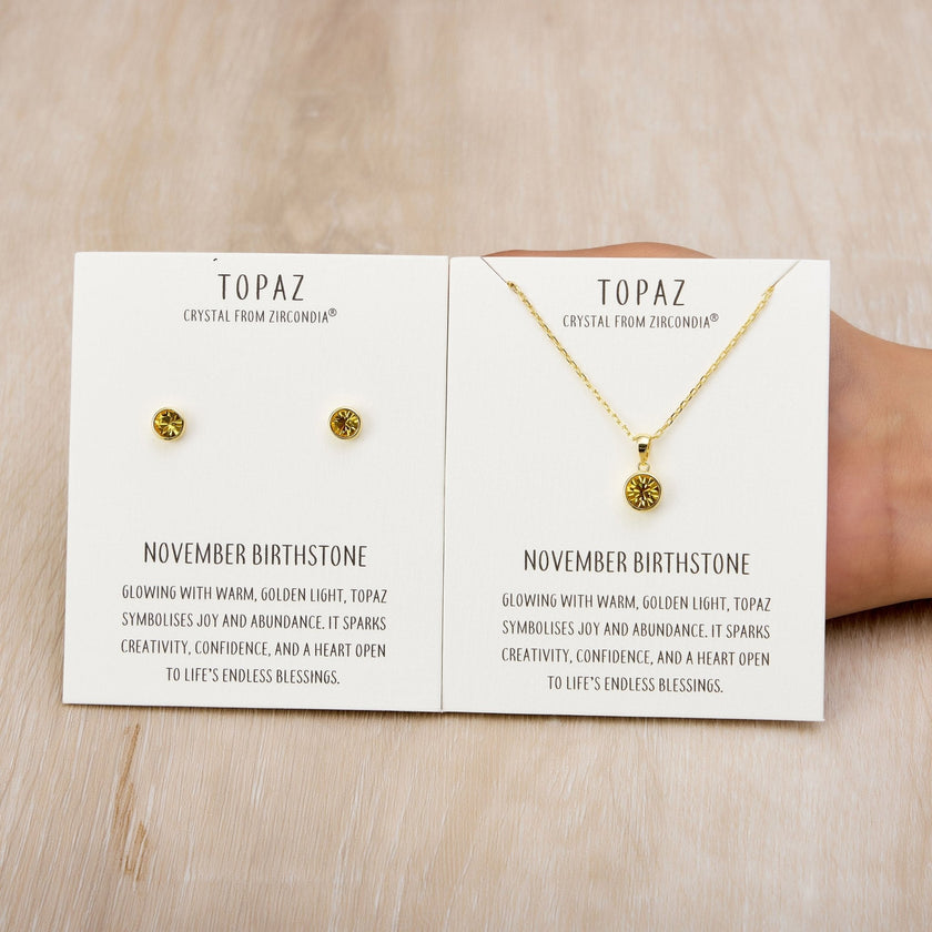 Gold Plated November (Topaz) Birthstone Necklace & Earrings Set Created with Zircondia® Crystals
