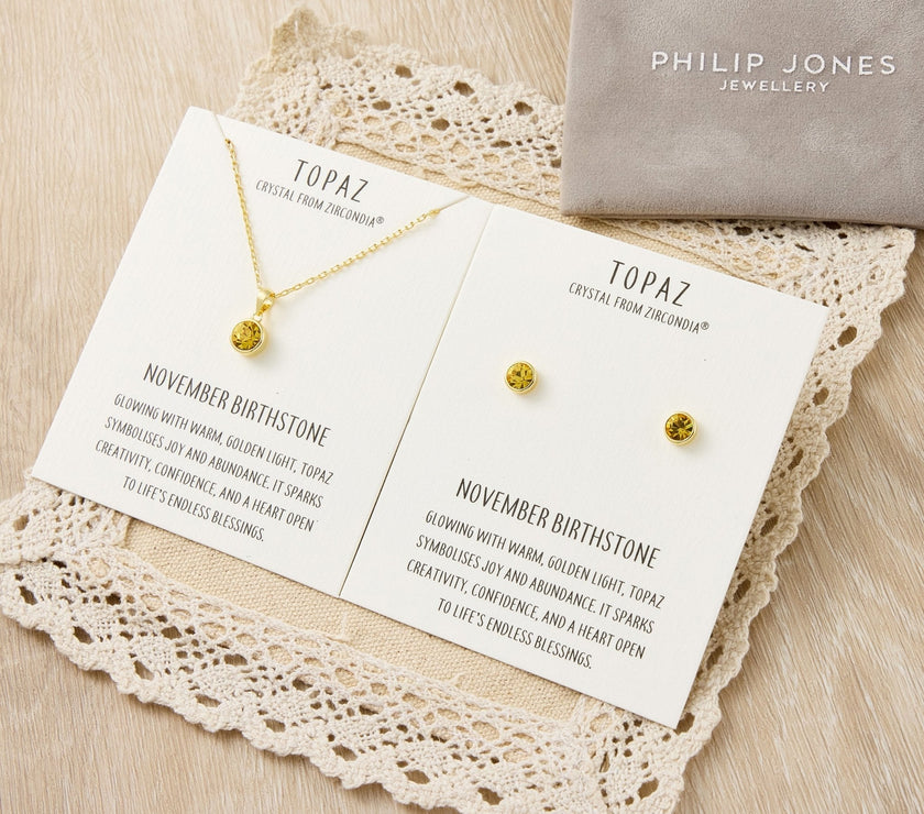 Gold Plated November (Topaz) Birthstone Necklace & Earrings Set Created with Zircondia® Crystals