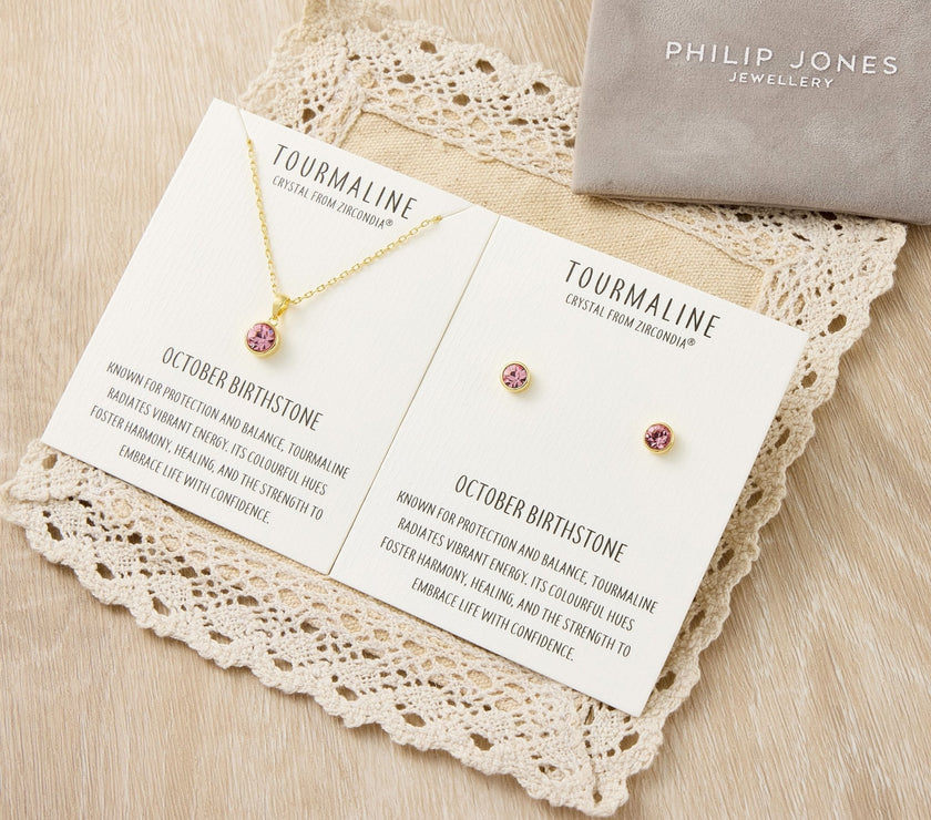 Gold Plated October (Tourmaline) Birthstone Necklace & Earrings Set Created with Zircondia® Crystals