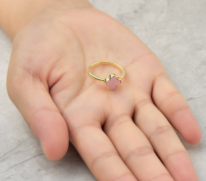 Gold Plated Pink Mother of Pearl Gemstone Adjustable Clover Ring