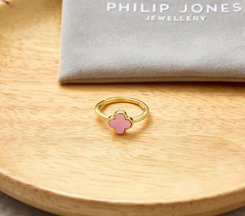 Gold Plated Pink Mother of Pearl Gemstone Adjustable Clover Ring