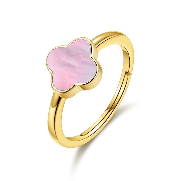 Gold Plated Pink Mother of Pearl Gemstone Adjustable Clover Ring