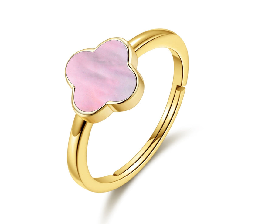 Gold Plated Pink Mother of Pearl Gemstone Adjustable Clover Ring