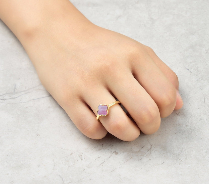 Gold Plated Pink Mother of Pearl Gemstone Adjustable Clover Ring