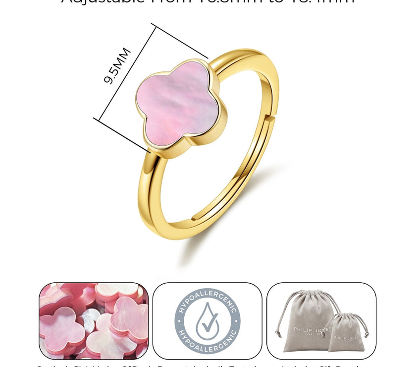 Gold Plated Pink Mother of Pearl Gemstone Adjustable Clover Ring